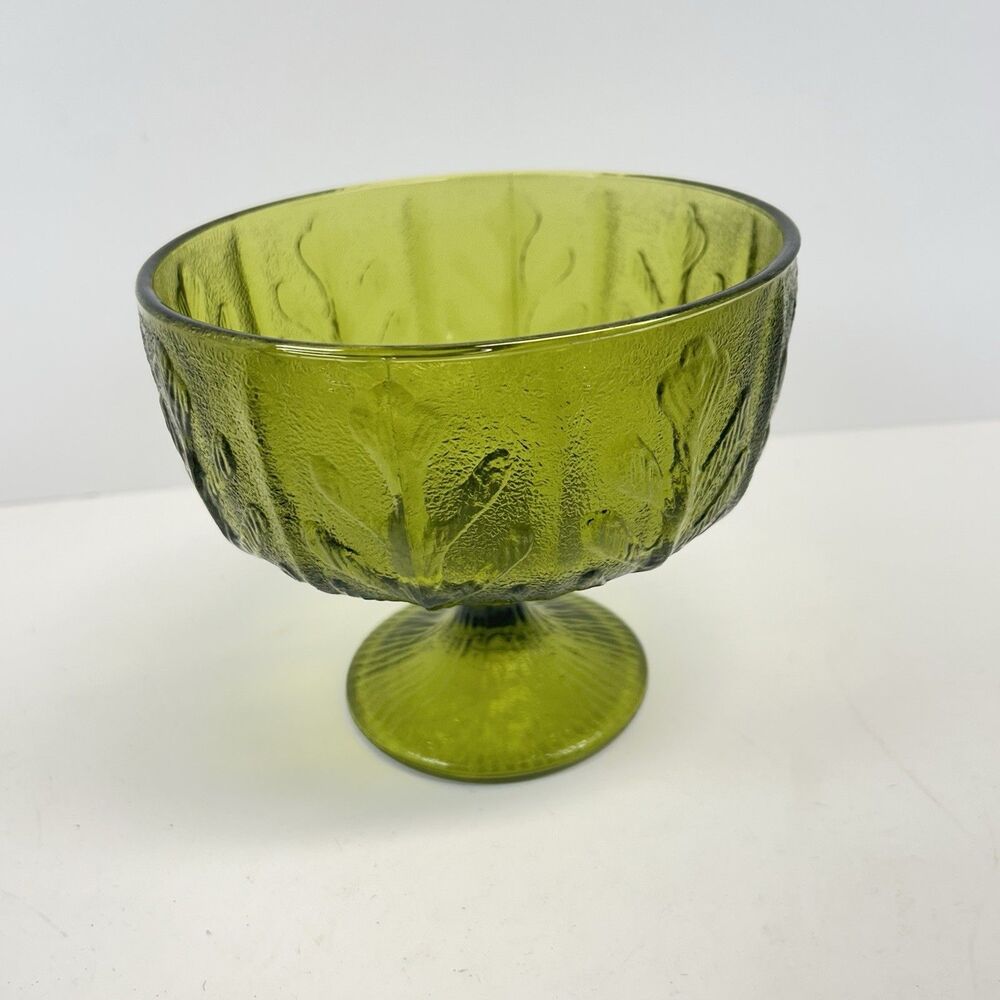 Vintage 1975 FTD Avocado Green Glass Compote Bowl Oak Leaf Pedestal Candy Dish
